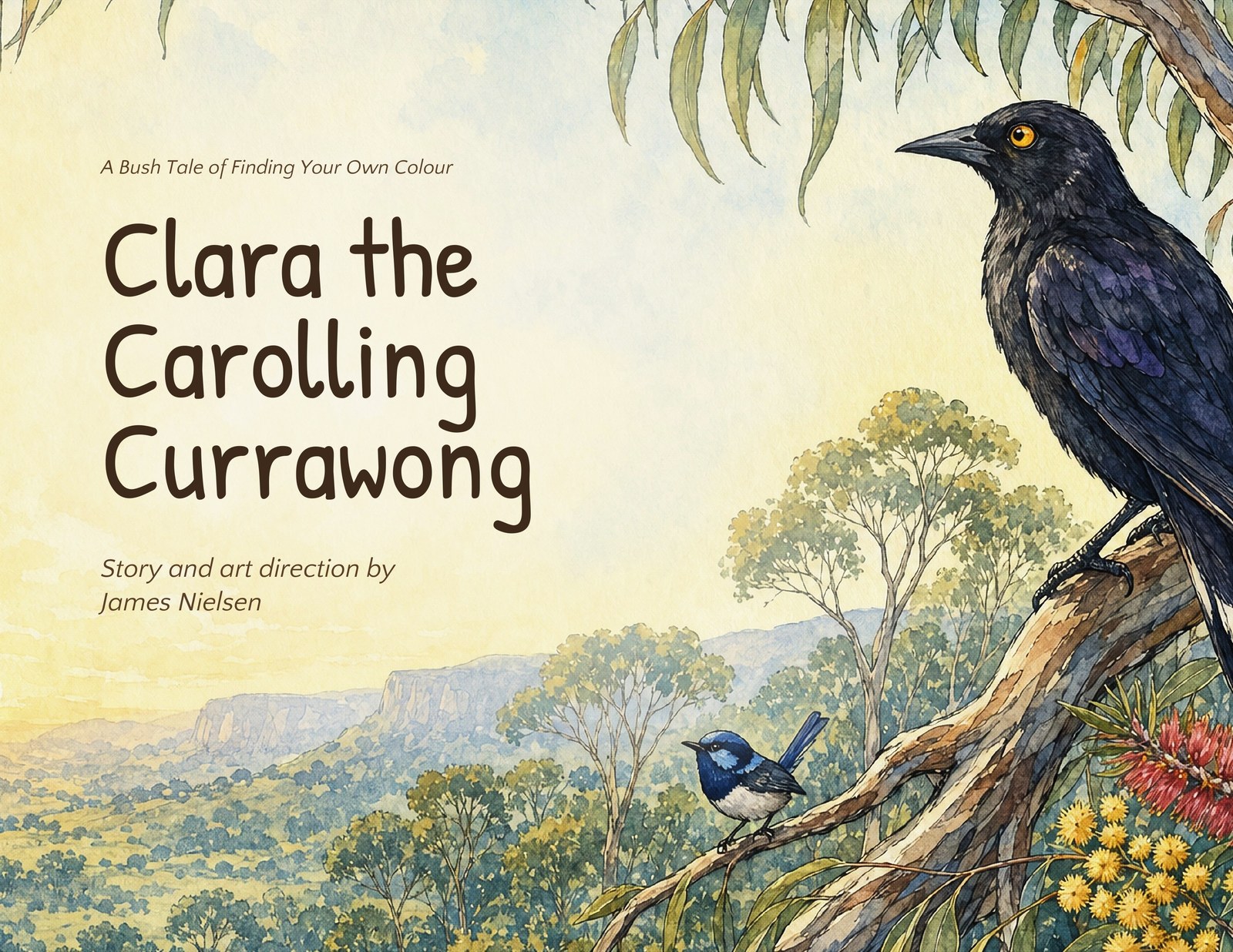 Front cover of Clara the Carolling Currawong — a black currawong with yellow eyes perched on a eucalypt branch above a Tasmanian valley